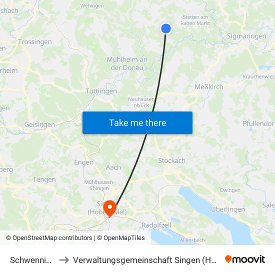 Schwenningen to Verwaltungsgemeinschaft Singen (Hohentwiel) map