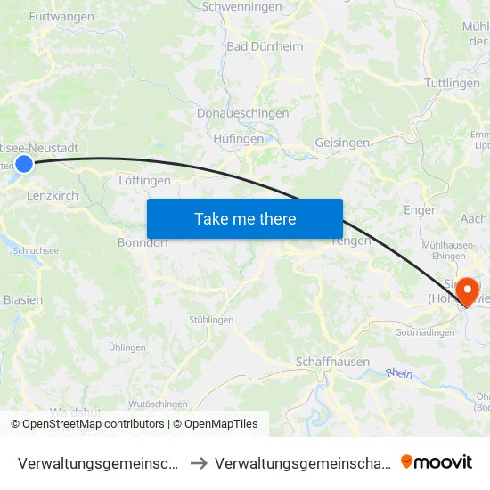 Verwaltungsgemeinschaft Titisee-Neustadt to Verwaltungsgemeinschaft Singen (Hohentwiel) map