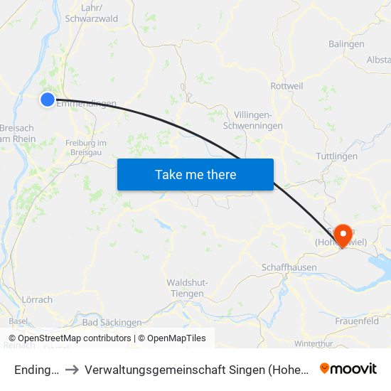 Endingen to Verwaltungsgemeinschaft Singen (Hohentwiel) map