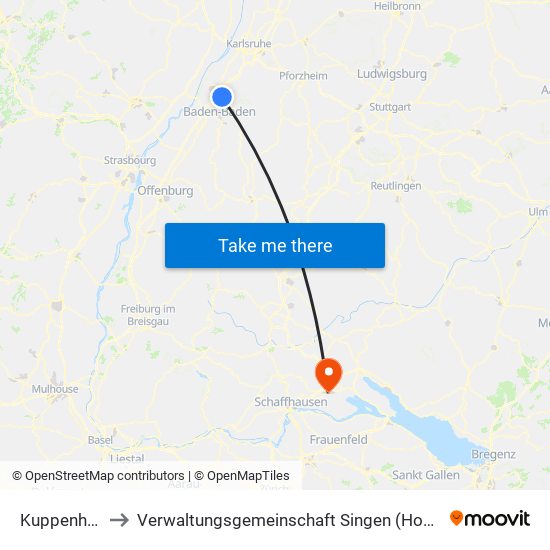 Kuppenheim to Verwaltungsgemeinschaft Singen (Hohentwiel) map