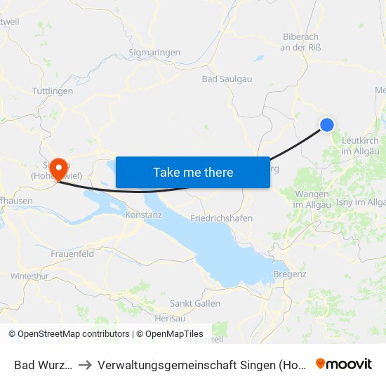 Bad Wurzach to Verwaltungsgemeinschaft Singen (Hohentwiel) map