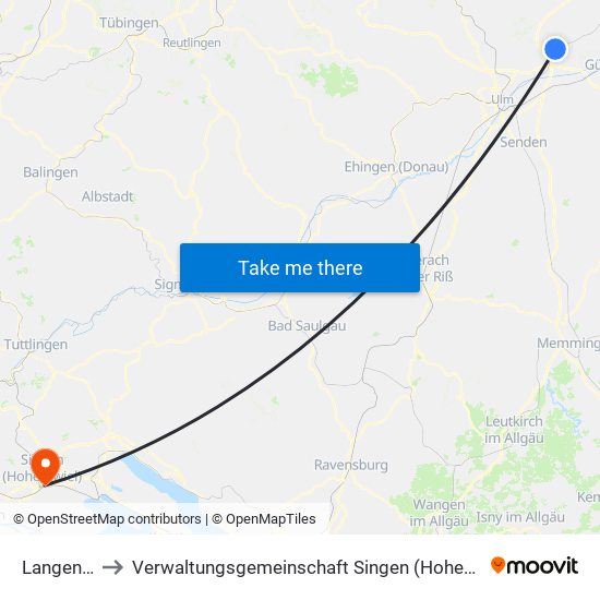 Langenau to Verwaltungsgemeinschaft Singen (Hohentwiel) map