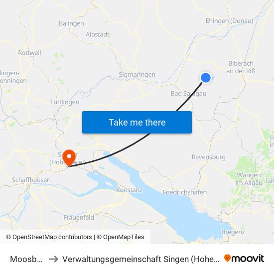 Moosburg to Verwaltungsgemeinschaft Singen (Hohentwiel) map