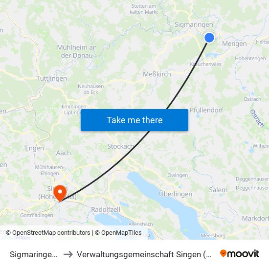 Sigmaringendorf to Verwaltungsgemeinschaft Singen (Hohentwiel) map