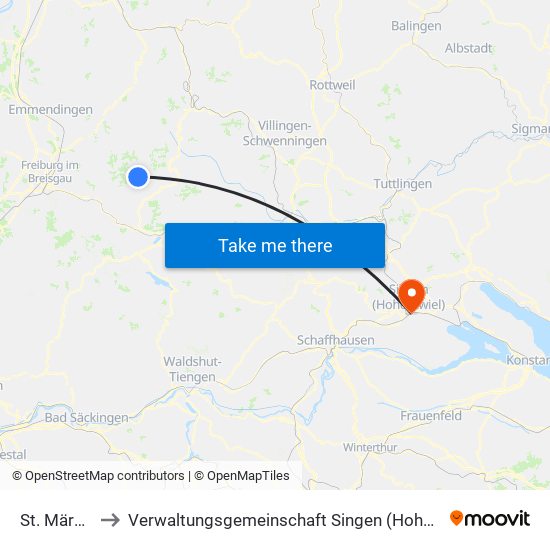 St. Märgen to Verwaltungsgemeinschaft Singen (Hohentwiel) map