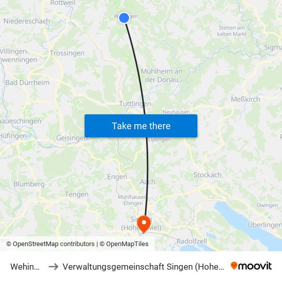 Wehingen to Verwaltungsgemeinschaft Singen (Hohentwiel) map