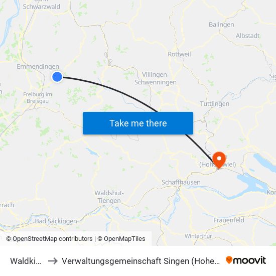 Waldkirch to Verwaltungsgemeinschaft Singen (Hohentwiel) map