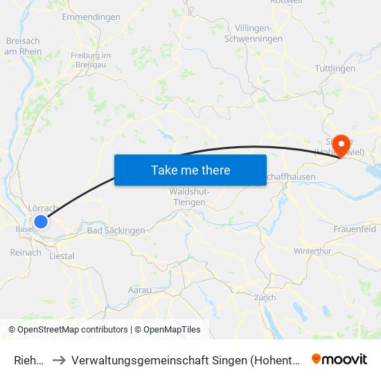 Riehen to Verwaltungsgemeinschaft Singen (Hohentwiel) map