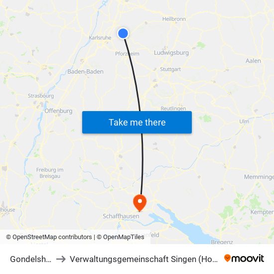 Gondelsheim to Verwaltungsgemeinschaft Singen (Hohentwiel) map