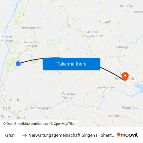 Grunern to Verwaltungsgemeinschaft Singen (Hohentwiel) map