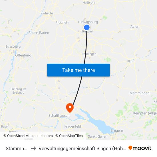 Stammheim to Verwaltungsgemeinschaft Singen (Hohentwiel) map