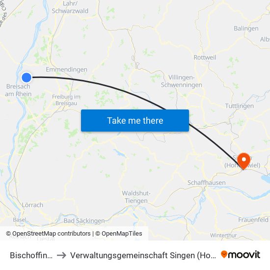 Bischoffingen to Verwaltungsgemeinschaft Singen (Hohentwiel) map