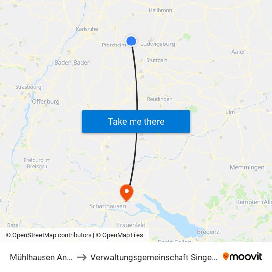 Mühlhausen An Der Enz to Verwaltungsgemeinschaft Singen (Hohentwiel) map