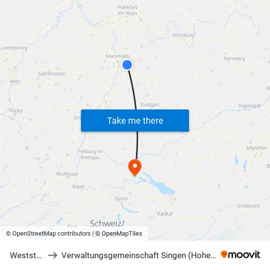 Weststadt to Verwaltungsgemeinschaft Singen (Hohentwiel) map