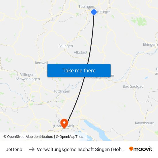Jettenburg to Verwaltungsgemeinschaft Singen (Hohentwiel) map