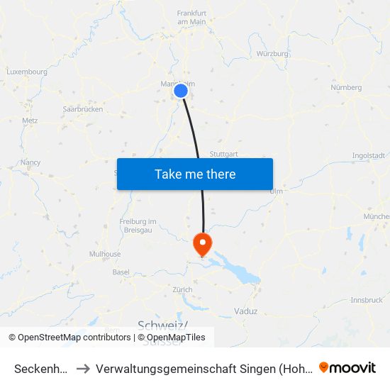 Seckenheim to Verwaltungsgemeinschaft Singen (Hohentwiel) map