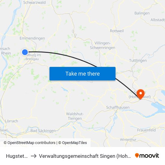 Hugstetten to Verwaltungsgemeinschaft Singen (Hohentwiel) map