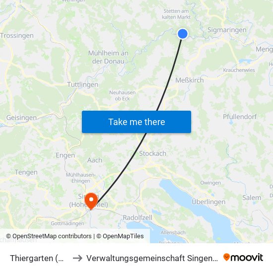 Thiergarten (Beuron) to Verwaltungsgemeinschaft Singen (Hohentwiel) map