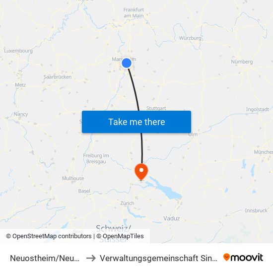 Neuostheim/Neuhermsheim to Verwaltungsgemeinschaft Singen (Hohentwiel) map