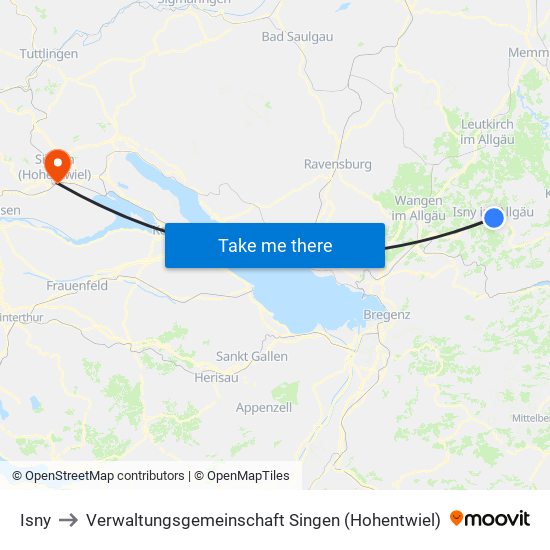 Isny to Verwaltungsgemeinschaft Singen (Hohentwiel) map