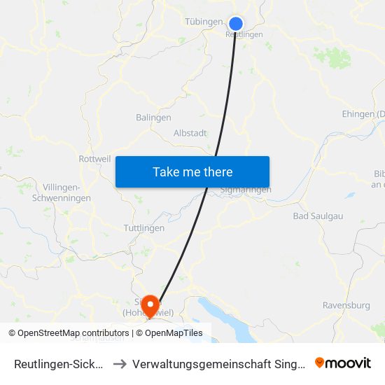 Reutlingen-Sickenhausen to Verwaltungsgemeinschaft Singen (Hohentwiel) map