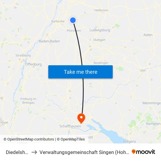 Diedelsheim to Verwaltungsgemeinschaft Singen (Hohentwiel) map