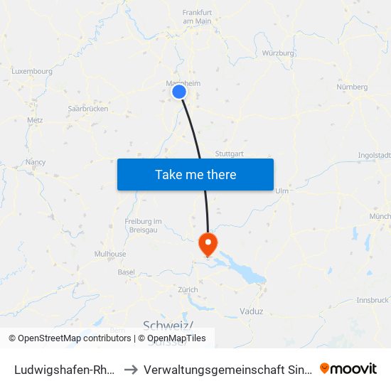 Ludwigshafen-Rheingönheim to Verwaltungsgemeinschaft Singen (Hohentwiel) map