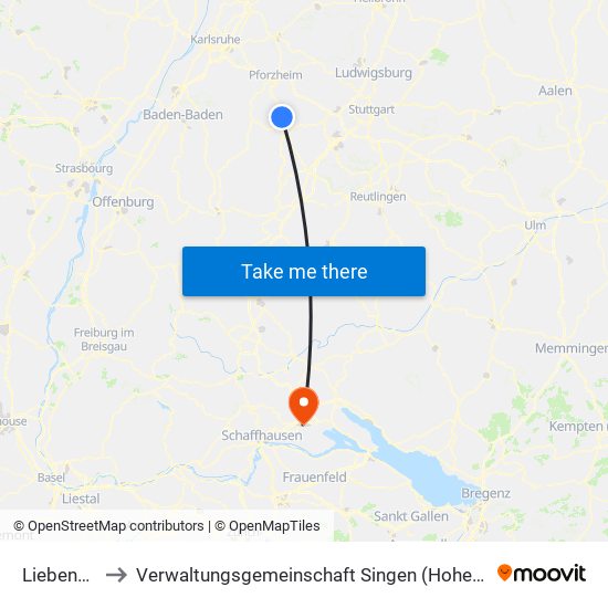 Liebenzell to Verwaltungsgemeinschaft Singen (Hohentwiel) map