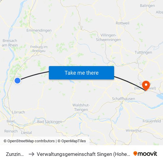 Zunzingen to Verwaltungsgemeinschaft Singen (Hohentwiel) map