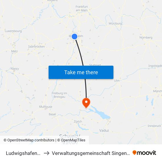 Ludwigshafen-Oppau to Verwaltungsgemeinschaft Singen (Hohentwiel) map