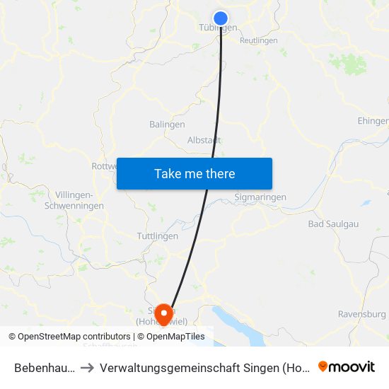 Bebenhausen to Verwaltungsgemeinschaft Singen (Hohentwiel) map