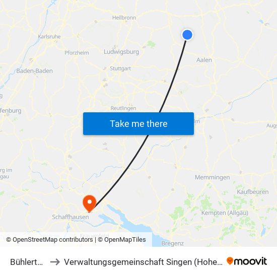 Bühlertann to Verwaltungsgemeinschaft Singen (Hohentwiel) map