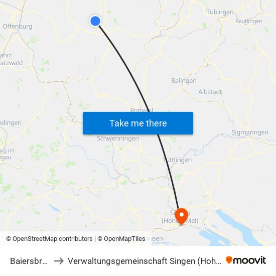 Baiersbronn to Verwaltungsgemeinschaft Singen (Hohentwiel) map