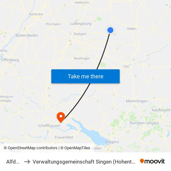 Alfdorf to Verwaltungsgemeinschaft Singen (Hohentwiel) map