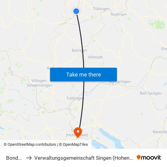 Bondorf to Verwaltungsgemeinschaft Singen (Hohentwiel) map