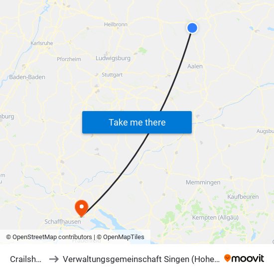 Crailsheim to Verwaltungsgemeinschaft Singen (Hohentwiel) map
