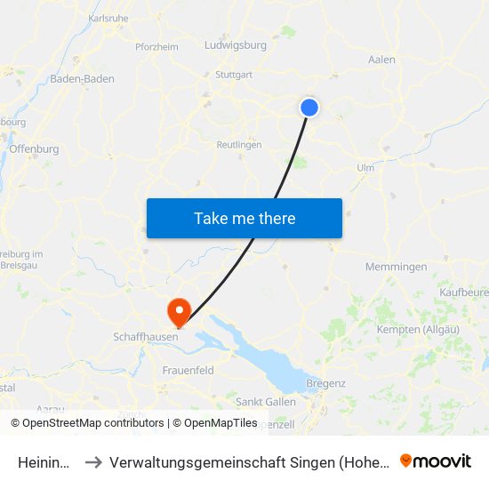 Heiningen to Verwaltungsgemeinschaft Singen (Hohentwiel) map