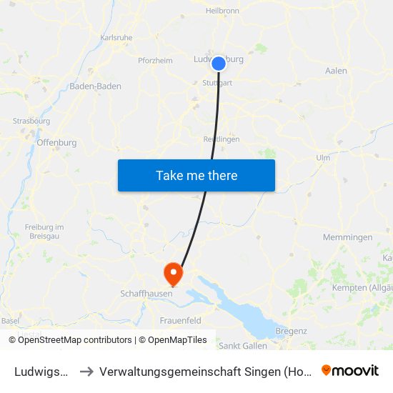 Ludwigsburg to Verwaltungsgemeinschaft Singen (Hohentwiel) map