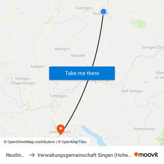 Reutlingen to Verwaltungsgemeinschaft Singen (Hohentwiel) map