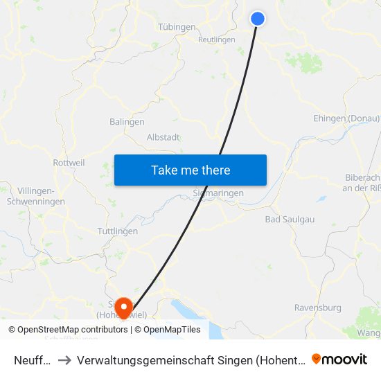 Neuffen to Verwaltungsgemeinschaft Singen (Hohentwiel) map