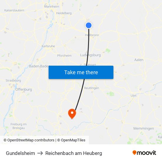 Gundelsheim to Reichenbach am Heuberg map