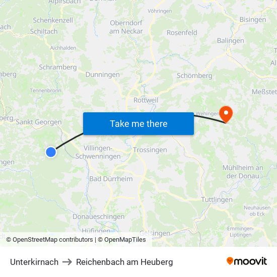 Unterkirnach to Reichenbach am Heuberg map