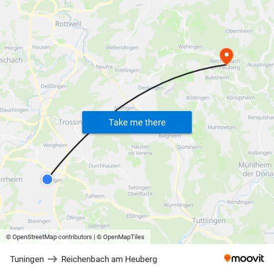 Tuningen to Reichenbach am Heuberg map