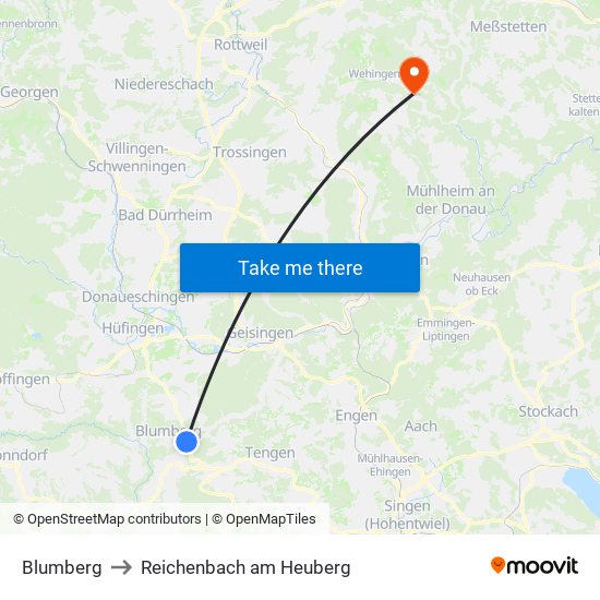 Blumberg to Reichenbach am Heuberg map