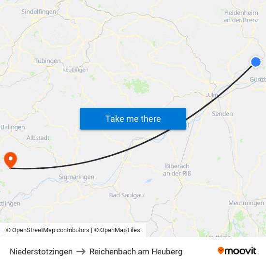 Niederstotzingen to Reichenbach am Heuberg map