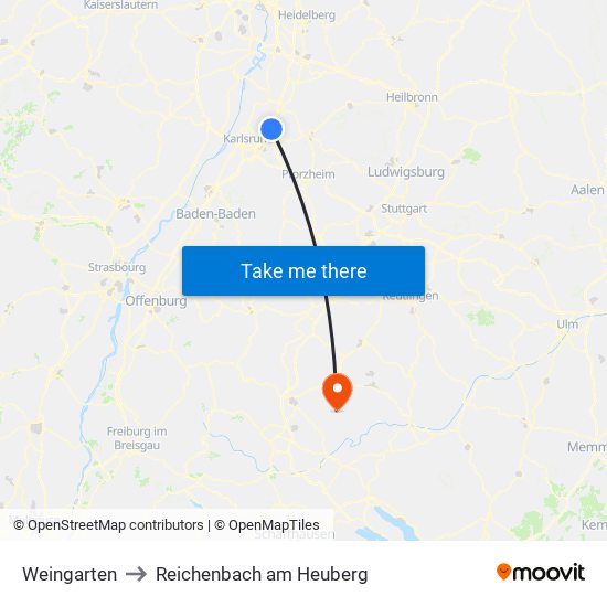 Weingarten to Reichenbach am Heuberg map