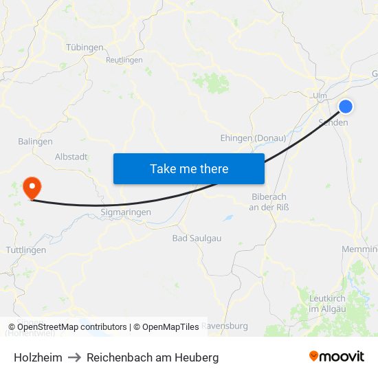 Holzheim to Reichenbach am Heuberg map