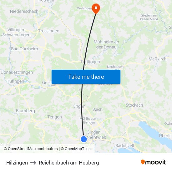 Hilzingen to Reichenbach am Heuberg map