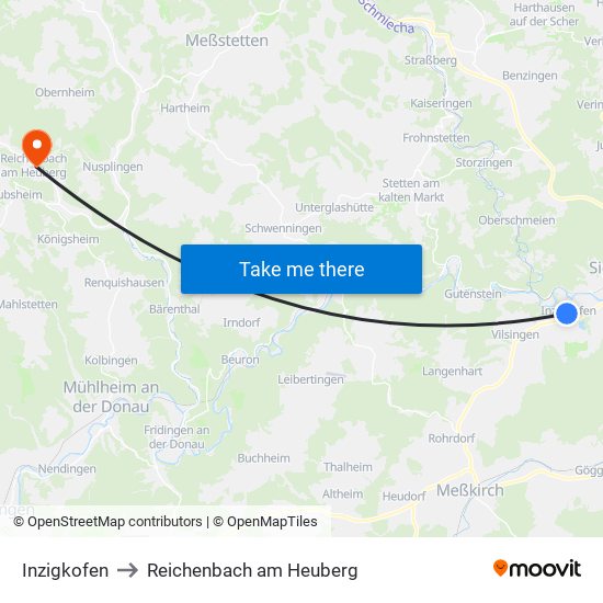Inzigkofen to Reichenbach am Heuberg map