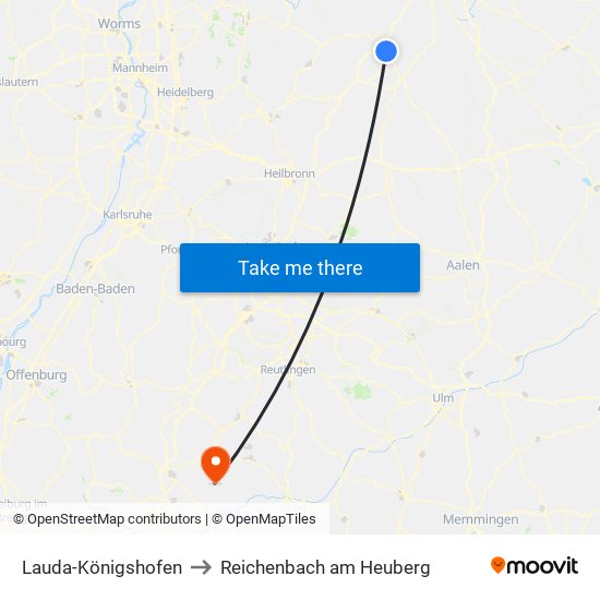 Lauda-Königshofen to Reichenbach am Heuberg map